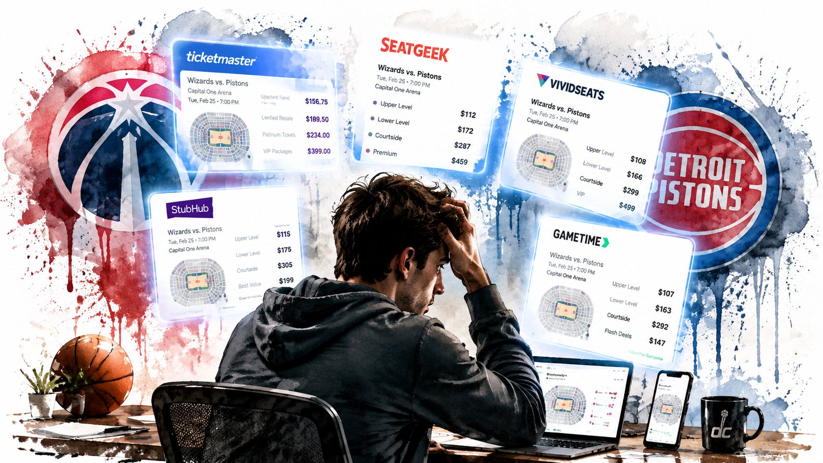A person looking frustrated while comparing ticket prices for a Wizards vs. Pistons basketball game online.