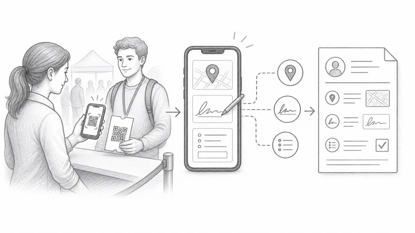 GPS, signature, and check-in fields illustration